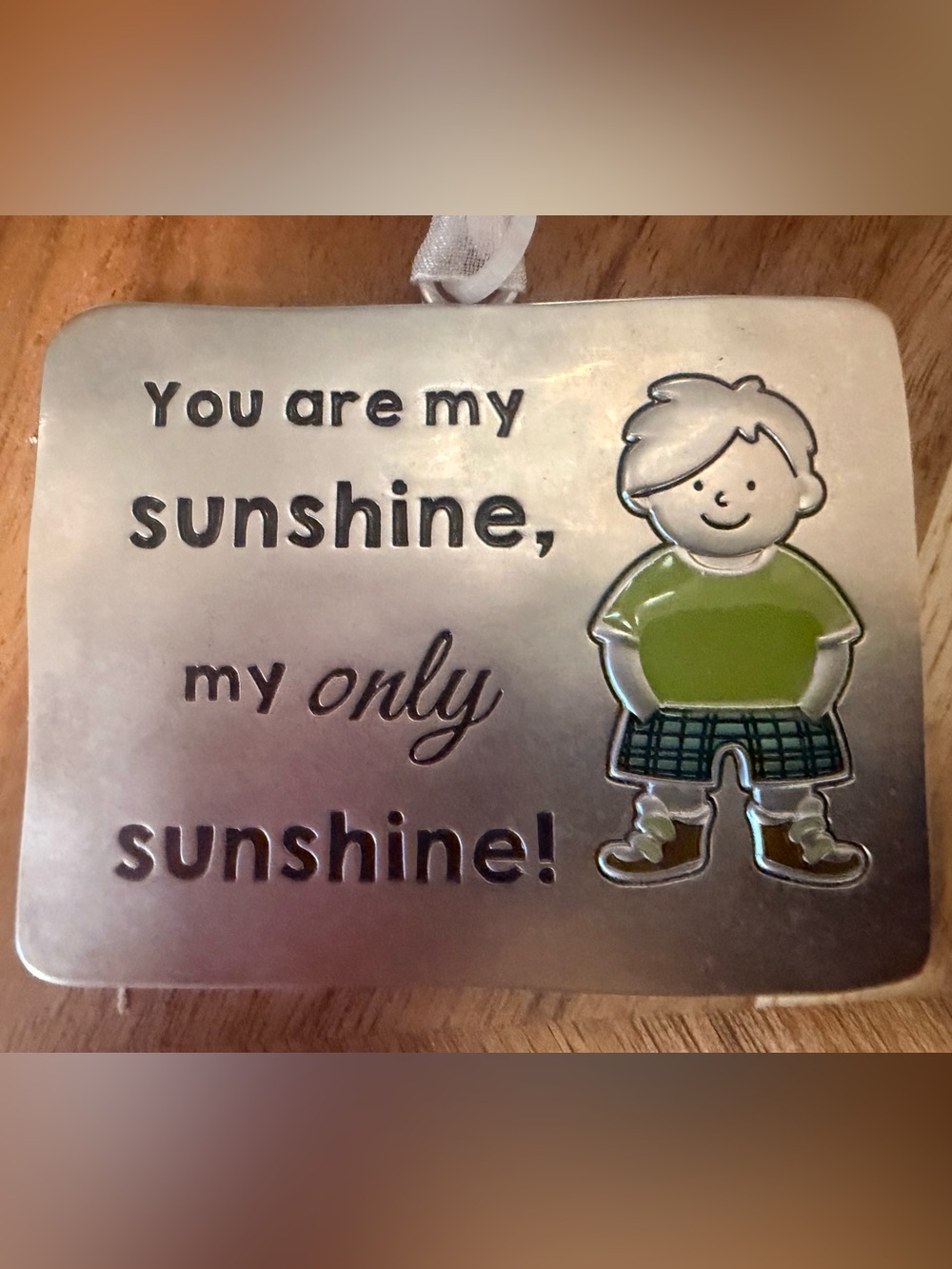 GANZ  You Are My Sunshine Silver with Green Boy Accent Plaque Ornament